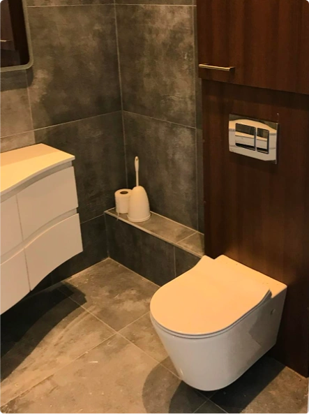 Contemporary bathroom interior showcasing a toilet, sink, and mirror, emphasizing clean lines and minimalism